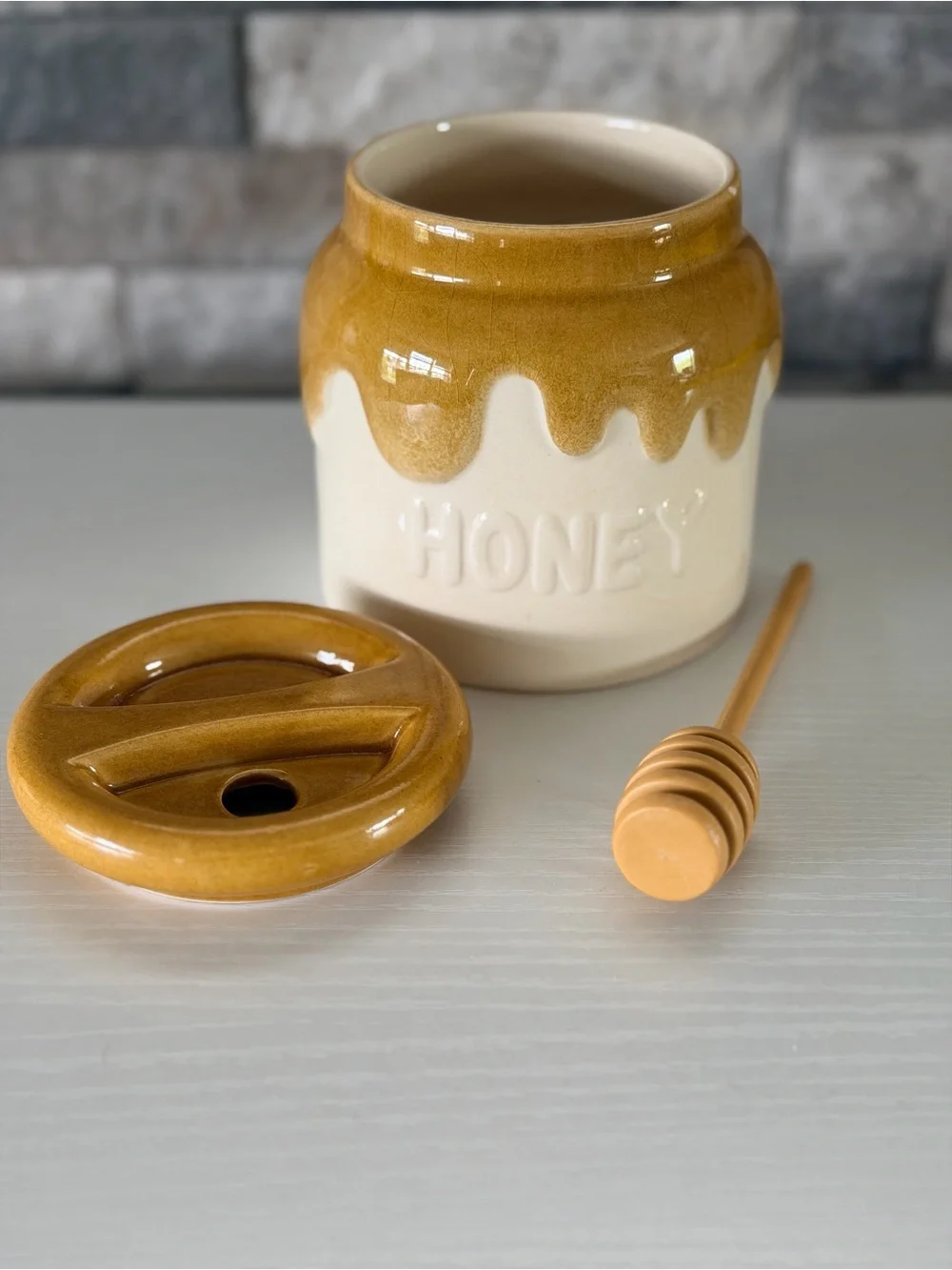 Vtg 1982 Teleflora Ceramic Honey Pot Jar With Lid & Dipper Handmade in Portugal